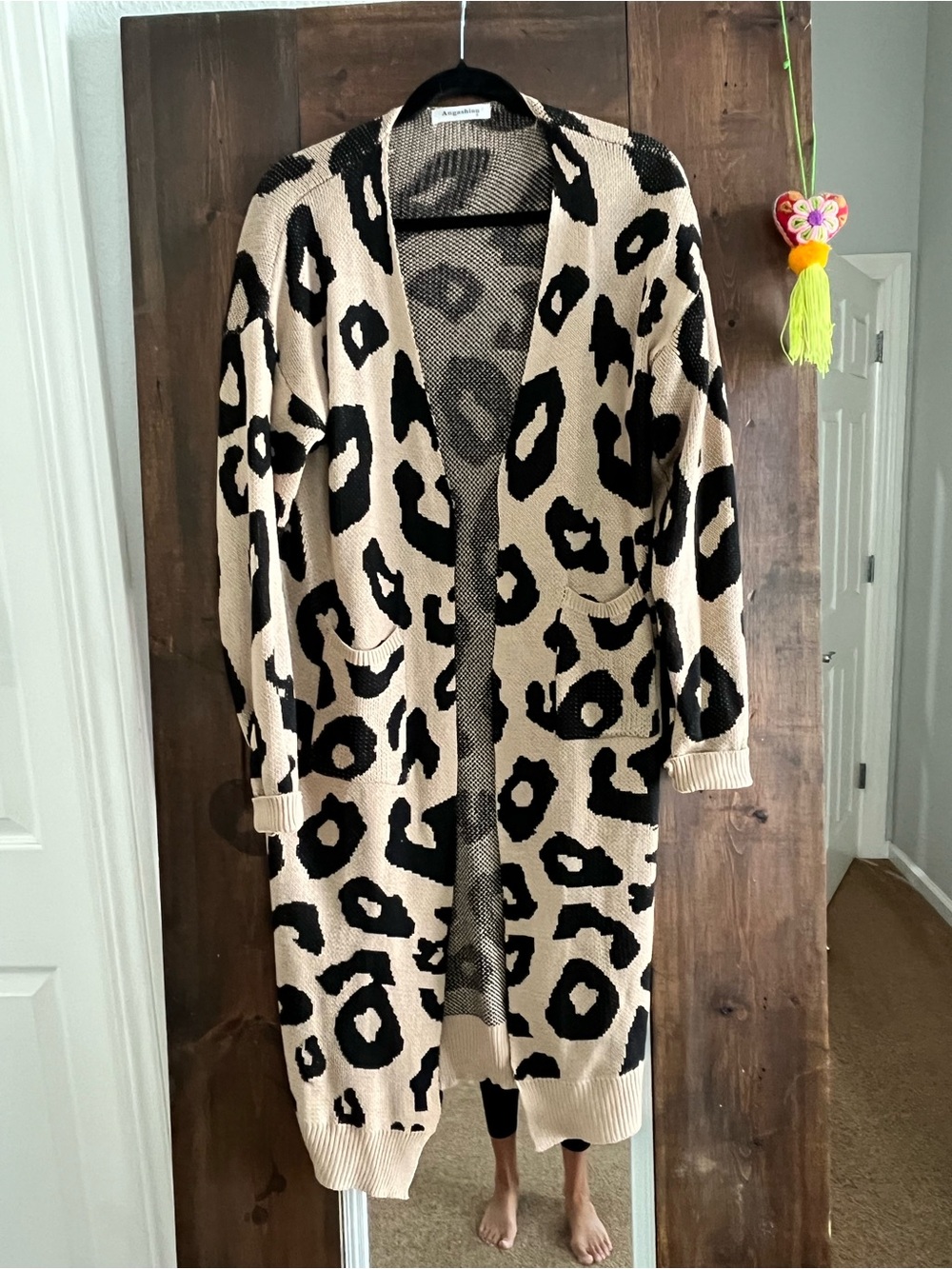 Leopard Print Open-Front Long Cardigan Sweater - Beige/Black